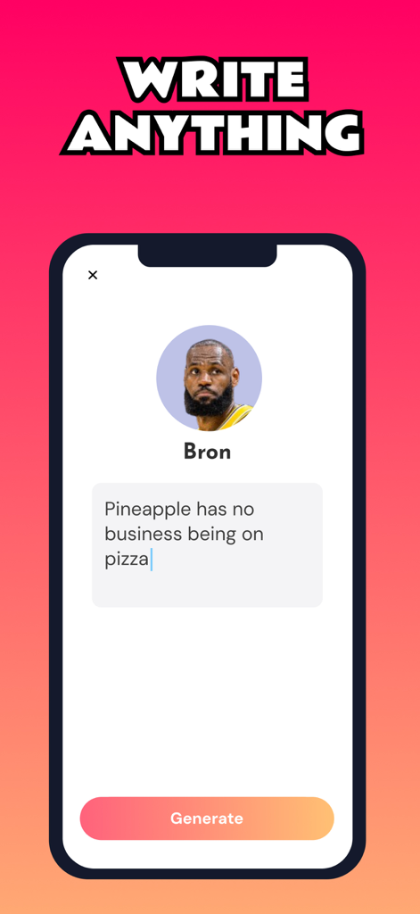 Parody AI - Funny Video Maker - A mobile interface for Parody AI showing a text input box for a celebrity character to say a custom phrase.