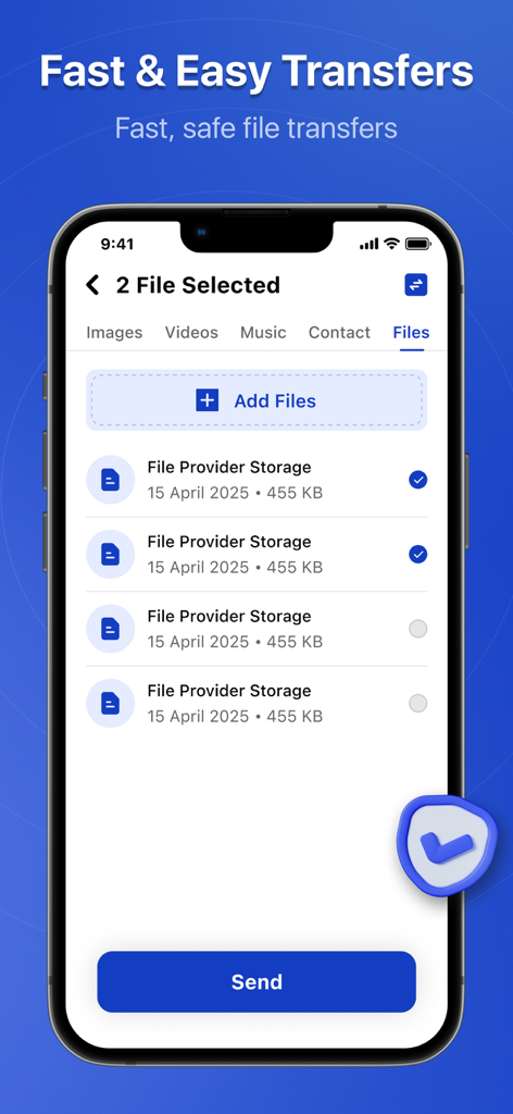 Quick Share - Fast File Share - Interfaz móvil de la app Quick Share mostrando la selección de archivos a transferir