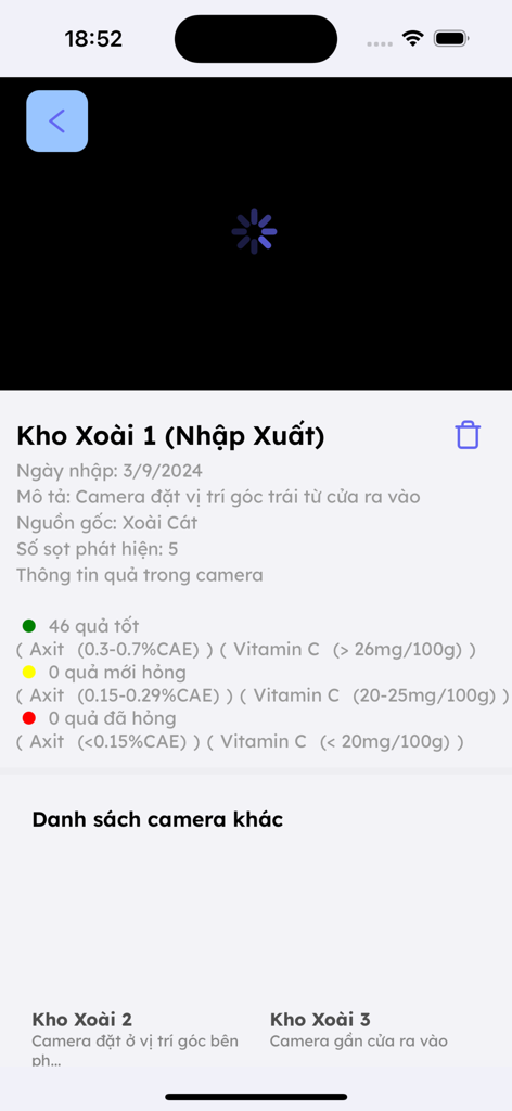 FruitAI - Mobile app dashboard showing real-time fruit quality metrics and warehouse camera feed list