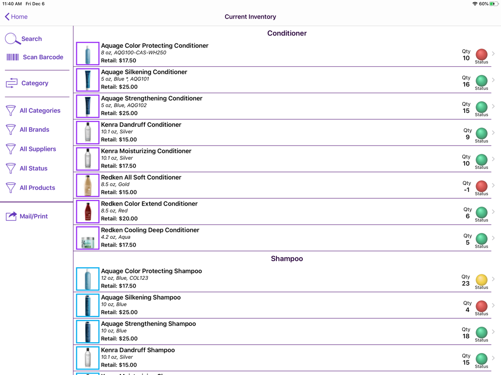 On Shelf - iPad screen showing the On Shelf app current inventory list with stock status indicators