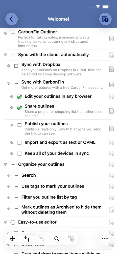 Una captura de pantalla de la pantalla de bienvenida de la aplicación Outliner que muestra una lista jerárquica de características clave, incluyendo sincronización en la nube, herramientas de organización y capacidades del editor.