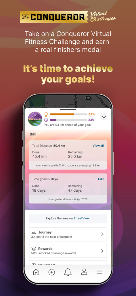 The Conqueror app showing progress for a Bali virtual fitness challenge