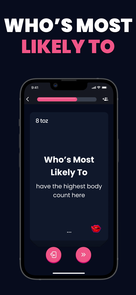 Smartphone screen displaying the Whos Most Likely To mode in the TOZ party game app
