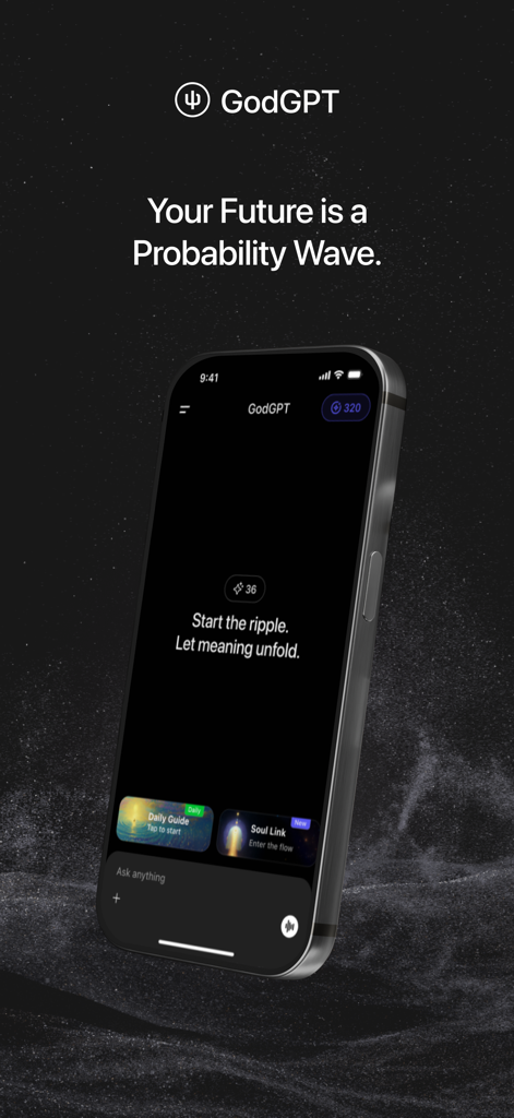 GodGPT mobile app interface featuring spiritual reflection prompts and a dark space themed background