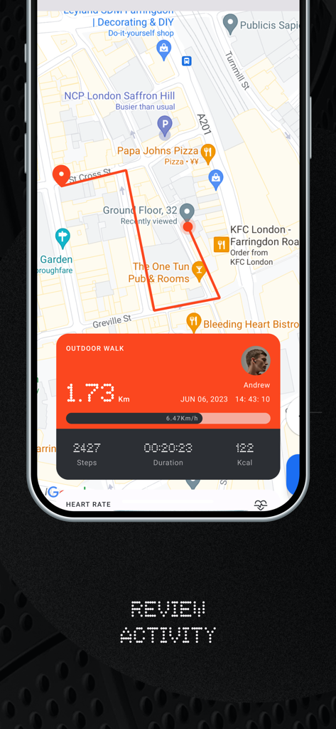 CMF Watch app screen showing an outdoor walk route on a map with activity metrics like steps and distance in a minimalist dot matrix style.