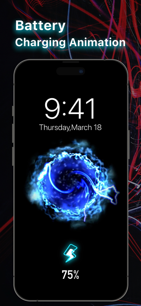 Best Widgets 18 - Icon Changer - iPhone-Sperrbildschirm mit einer benutzerdefinierten blauen Energiewirbel-Ladeanimation bei 75 Prozent Akkustand