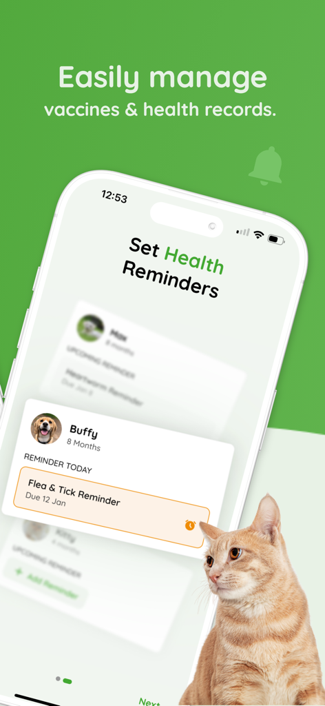That Pet App - Health Tracker - Interface do aplicativo móvel mostrando lembretes de saúde para vacinas de pets e tratamentos contra pulgas