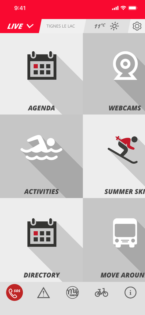 Tignes - Main menu of the Tignes mobile app featuring icons for agenda webcams activities summer skiing and resort transportation