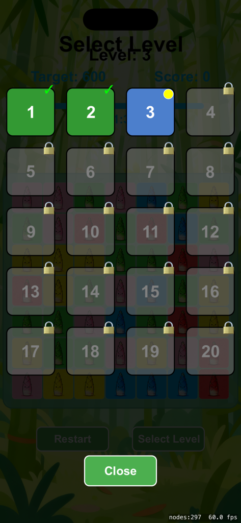 Panda Puzzle: Bamboo Garden - Level selection menu for Panda Puzzle Bamboo Garden showing levels 1 to 20 with some locked and others completed