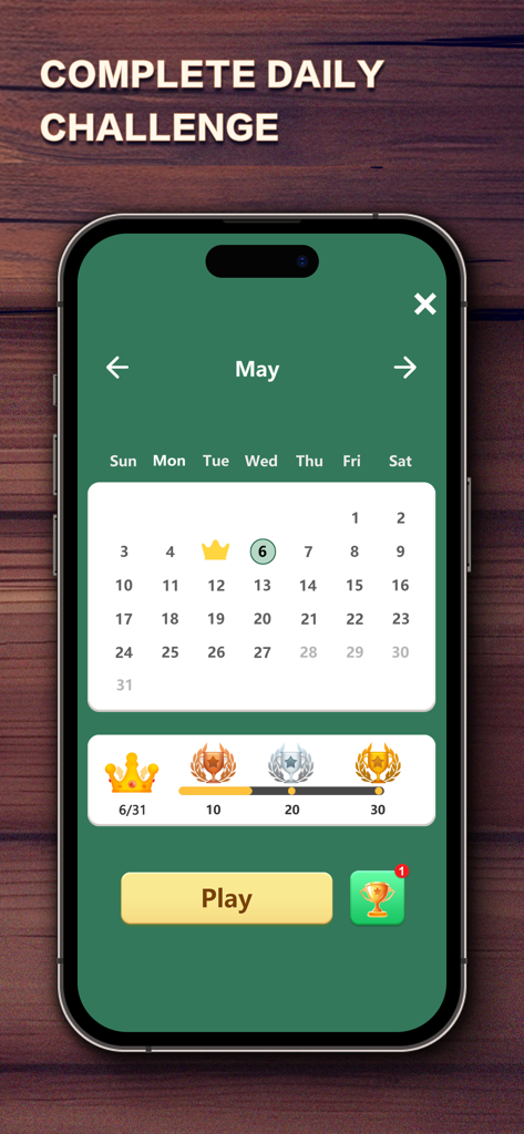 Monthly calendar view of daily solitaire challenges with reward milestones and trophies.