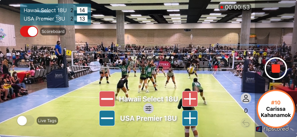 FlipsCored app recording a volleyball match with a live scoreboard and player highlight tag