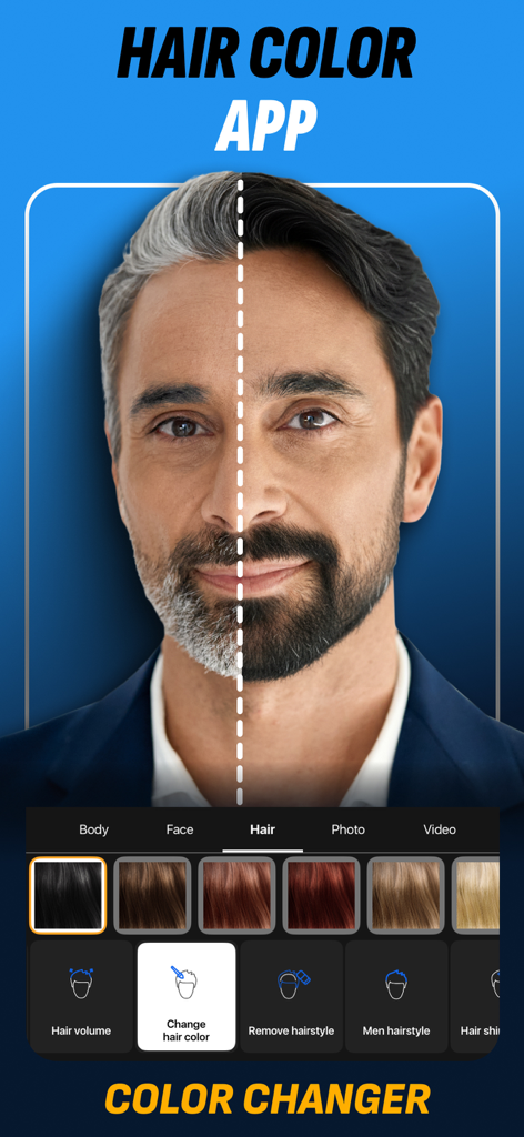 A split screen comparison of a man changing his gray hair and beard to dark brown using the Retouch Men app