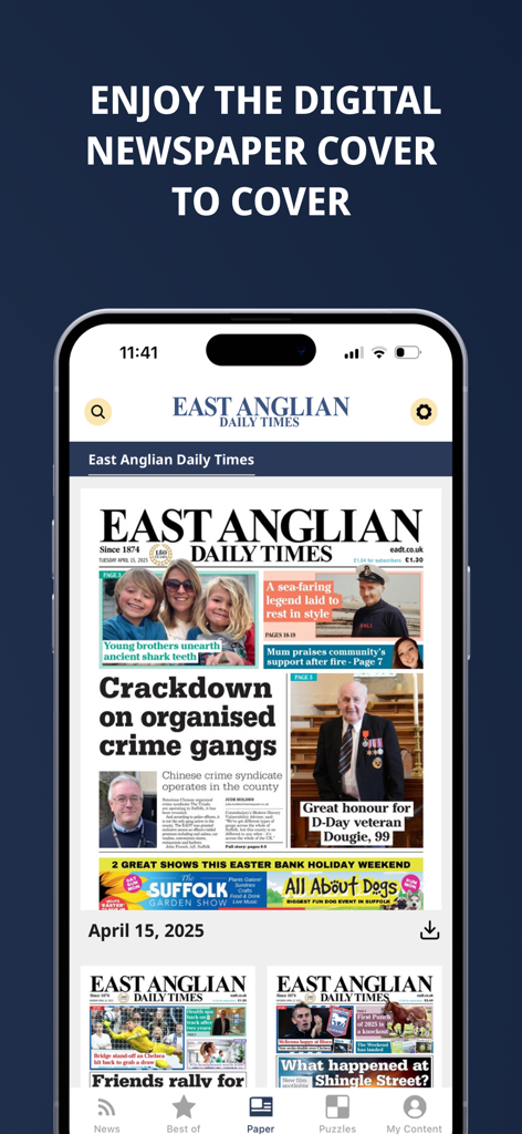 Aplicación móvil East Anglian Daily Times mostrando una réplica digital del periódico local