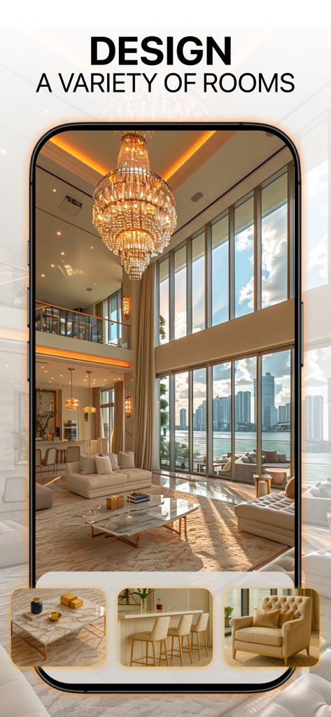 AI-powered interior design app displaying a luxury living room with high ceilings, a grand chandelier, and city skyline views.