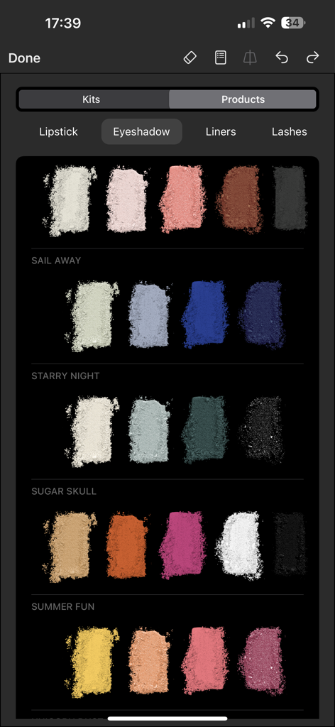 Digital eyeshadow swatches with realistic textures in the Pret a Makeup app