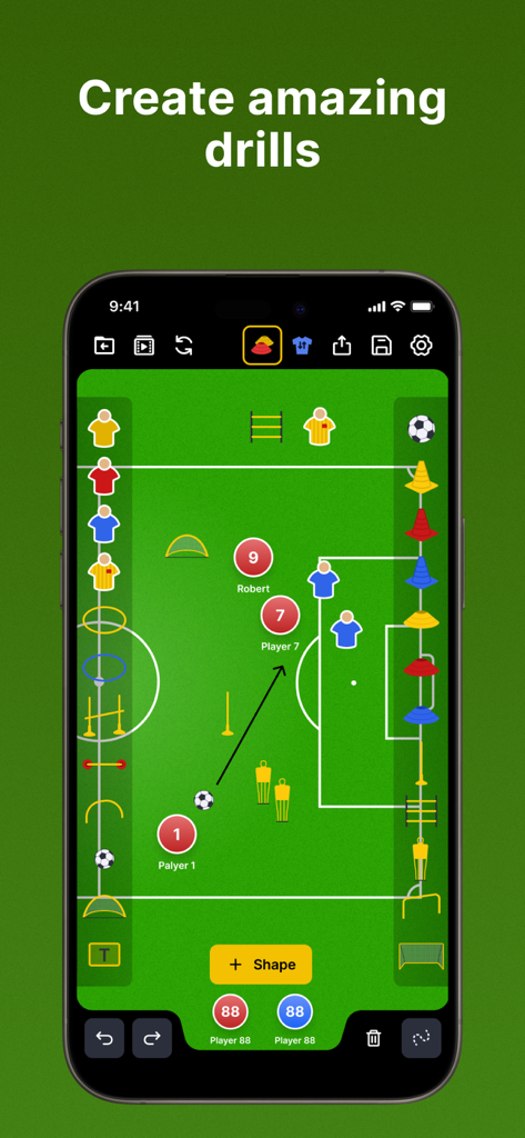 Coach Tactic Board: Soccer - デジタルプレーヤーと機器のアイコンを使用してトレーニングドリルを作成するための、サッカーフィールドレイアウトを表示する Coach Tactic Board アプリを搭載したスマートフォンの画面。