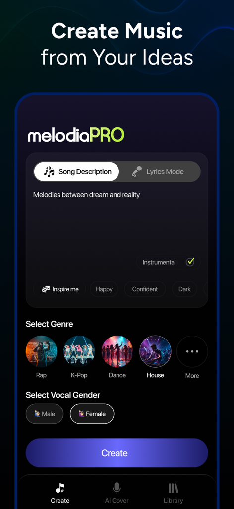 AI Music Maker - Melodia - Melodia app screen showing AI song creation options including genre and vocal selection