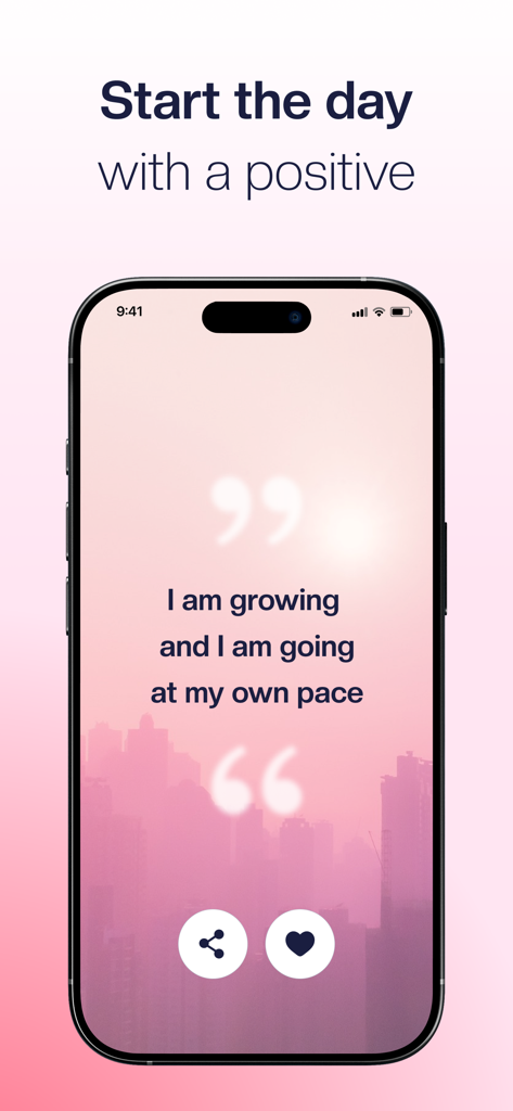 Daily Affirmations—Positive Me - Un smartphone que muestra una cita de afirmación positiva sobre crecer a su propio ritmo en un fondo rosa.