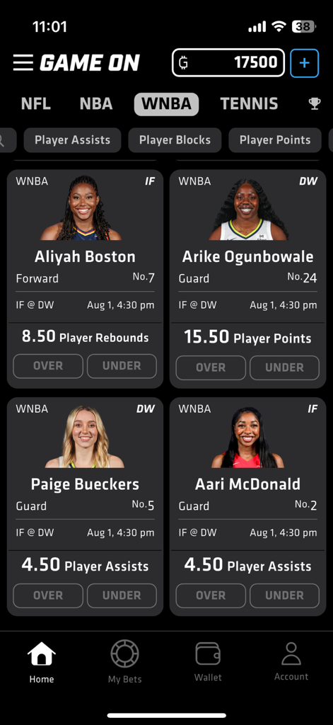 GameOn Fantasy - GameOn Fantasy app interface showing WNBA player cards with over and under parlay prediction options.