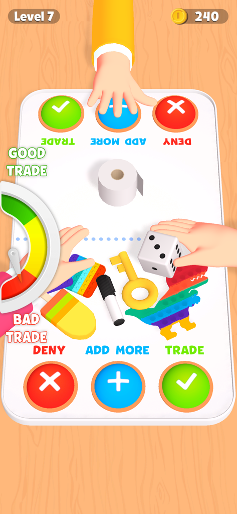 Trading Master 3D - Fidget Pop - Gameplay screen of Trading Master 3D showing a trade of various fidget toys