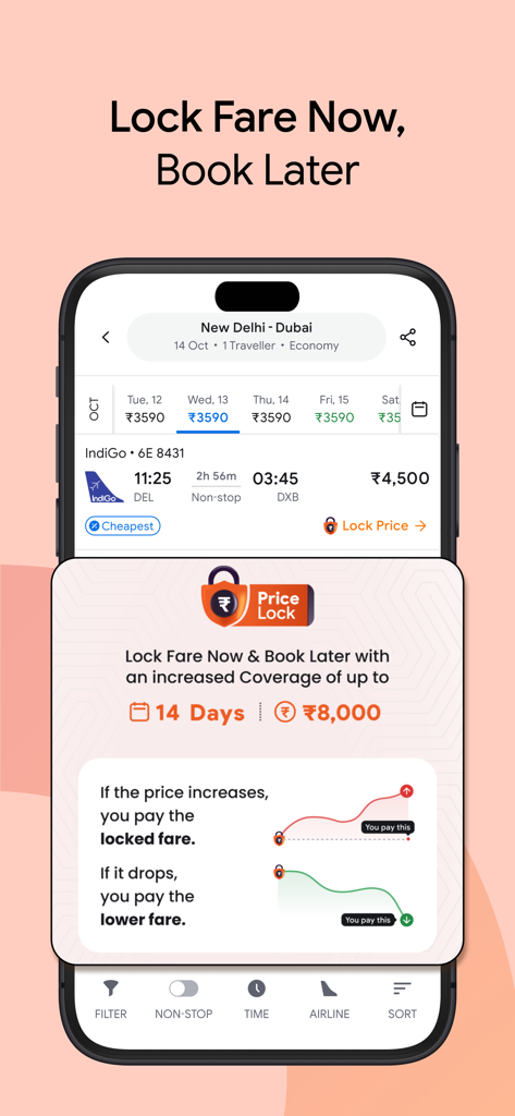 ixigo: Flight & Hotel Booking - Interface de l'application mobile ixigo présentant la fonction Price Lock permettant aux utilisateurs de sécuriser les tarifs de vol pendant 14 jours et de bénéficier de prix plus bas s'ils baissent.