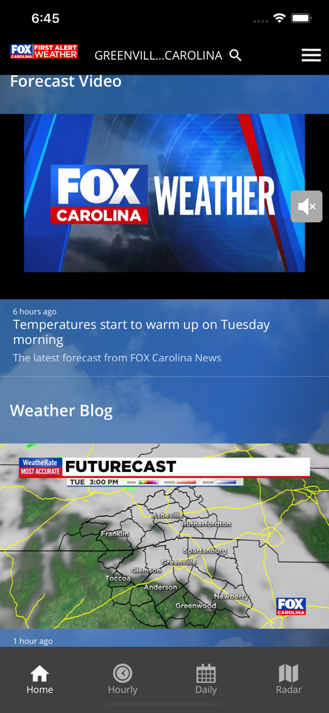 FOX Carolina First Alert Wx - Interface of the FOX Carolina First Alert Weather app featuring a local forecast video and a regional futurecast map