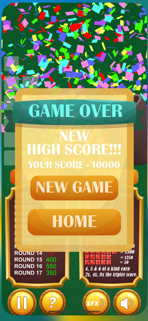 10000 Dice game Pro - High score victory screen for 10000 Dice game Pro with celebratory confetti