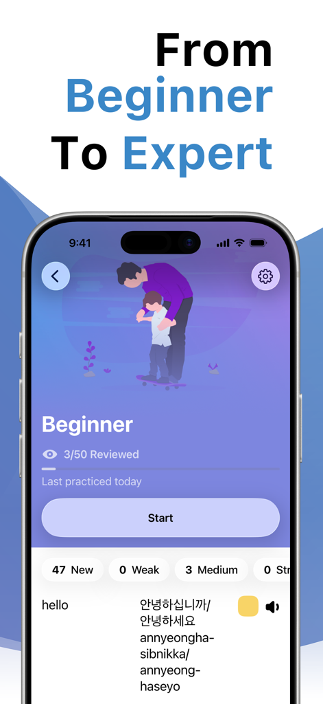Interfaz de la aplicación Aprende coreano con LENGO mostrando el progreso del curso de nivel principiante y la traducción de vocabulario