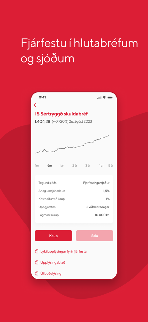 Mobile app screen showing investment details for covered bonds with a performance graph and buy or sell options.