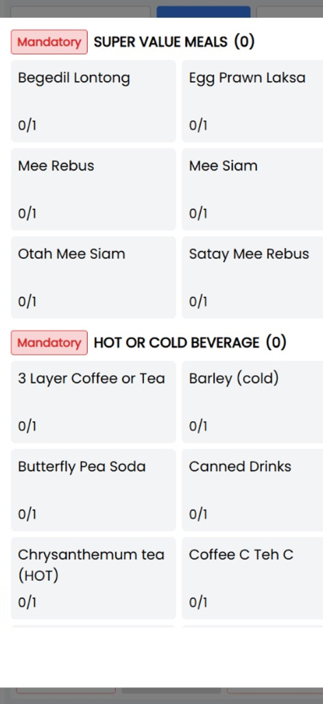 FnB POS - Interfaccia dell'app FnB POS che mostra le opzioni obbligatorie del menu per pasti e bevande.