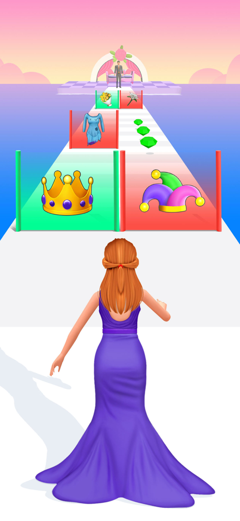 Bride Race & Outfit Makeover - ブライダル変身ゲームで、選択ゲートを駆け抜ける紫色のドレスを着た女性