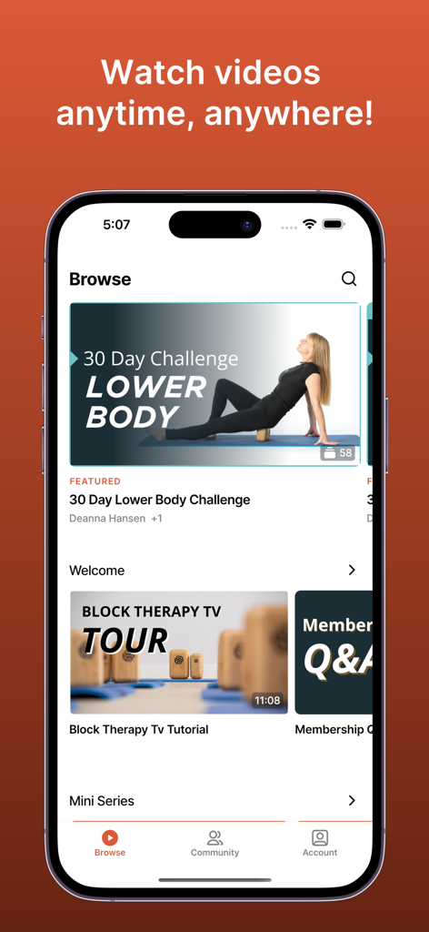 Block Therapy - Block Therapy mobile app interface showing the video browse section with a thirty day lower body challenge and fascia wellness tutorials
