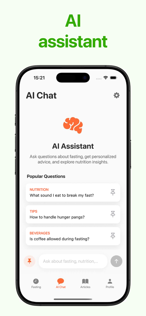 Intermittent Fasting Trackerㅤㅤ - Pantalla de chat del asistente de IA en la aplicación Rastreador de Ayuno Intermitente que muestra preguntas populares sobre ayuno y nutrición