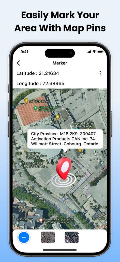Screenshot of Field Area Measure app showing a red pin marker on a satellite map with GPS coordinates and address details.