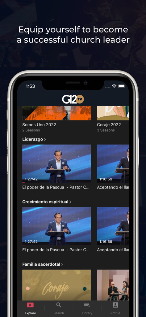 G12 TV - Interfaz de la app móvil G12 TV en un iPhone mostrando categorías de video sobre liderazgo eclesiástico y crecimiento espiritual