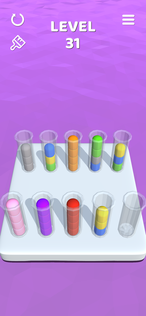 Sort It 3D - Sort It 3Dパズルゲームレベル。色分けされたボールがガラスチューブに入っている様子。