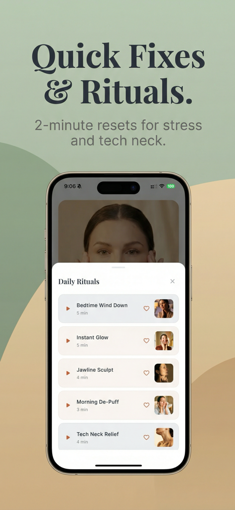 Luma: Face Yoga Exercises - Interface of Luma app showing daily face yoga rituals like jawline sculpt and tech neck relief