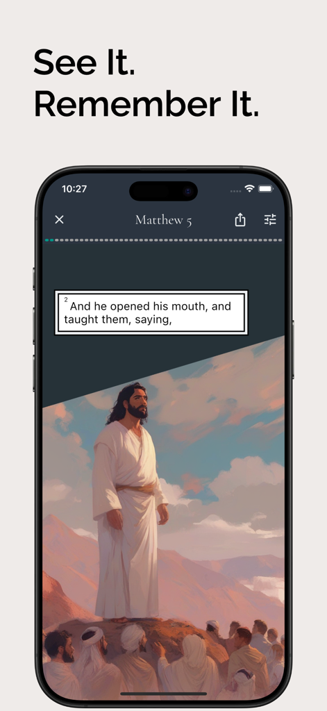 Brilliant Bible - Smartphone screen showing an illustrated bible verse from Matthew 5