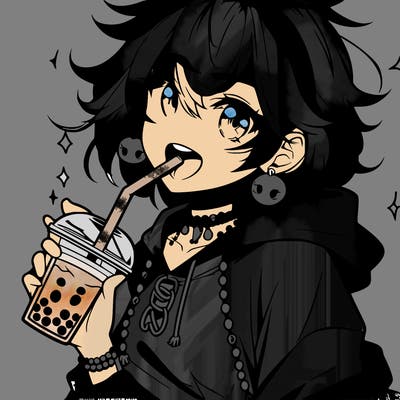 hot baddie anime girl drinking boba and biting the straw