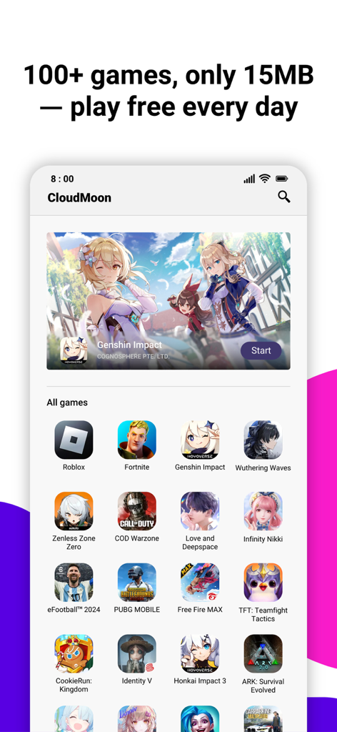 Screenshot of CloudMoon app interface showing a library of popular cloud games like Genshin Impact and Fortnite