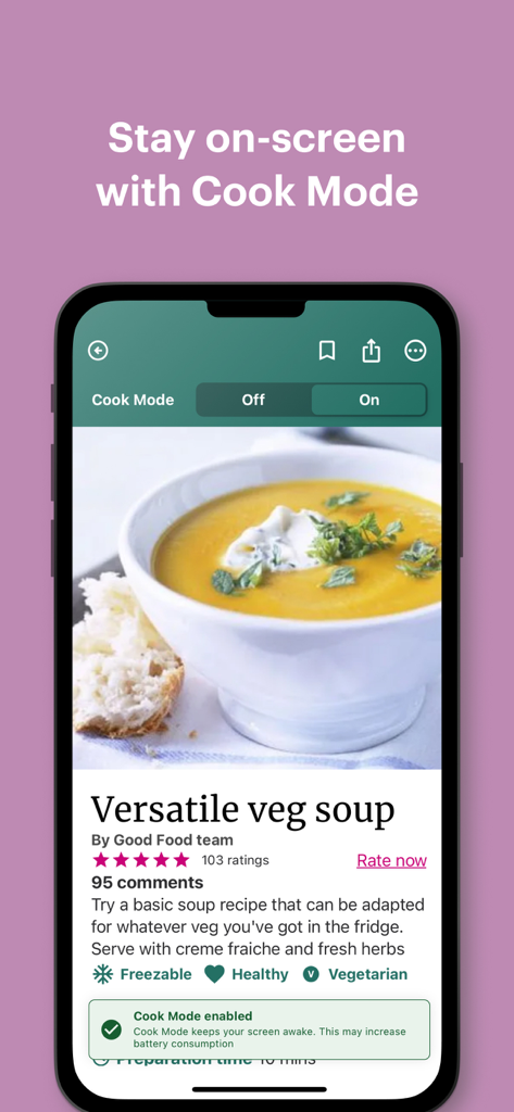 Good Food: Recipe Finder - Good Food app interface showing Cook Mode enabled for a vegetable soup recipe.