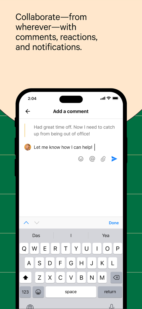Coda - Interface of Coda mobile app showing a user adding a comment for team collaboration.