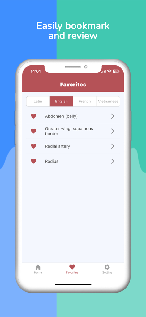 Anatomy Terms - Aplicación Términos de Anatomía mostrando la pantalla de Favoritos con términos médicos marcados en inglés