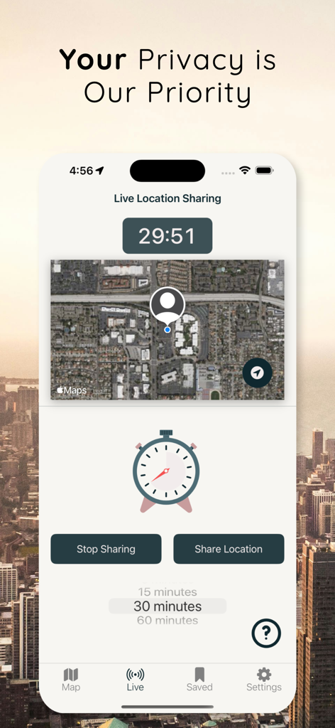 Live GPS Location Sharing - Live GPS Location Sharing app interface with a timer for temporary location sharing