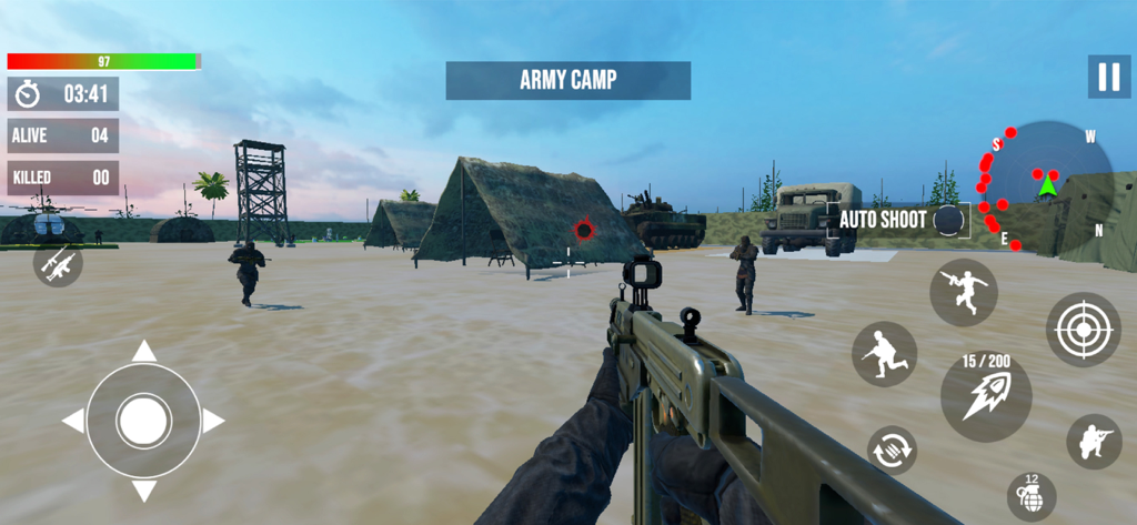Fps Commando Shooting Gun Game - First person shooter gameplay showing an army camp with a soldier holding a gun and mobile game controls