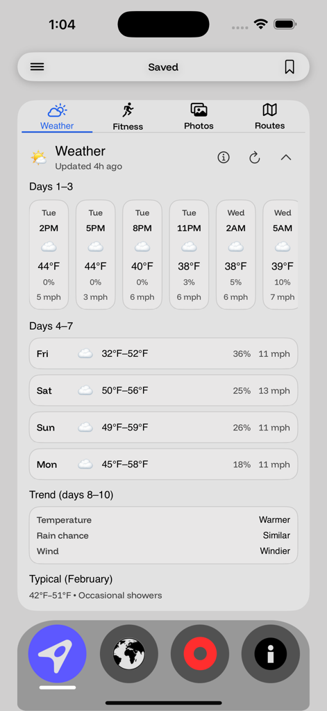 Offline GPS Tracker & Compass - Una pantalla detallada de pronóstico del tiempo que muestra predicciones por hora y diarias para viajes al aire libre.