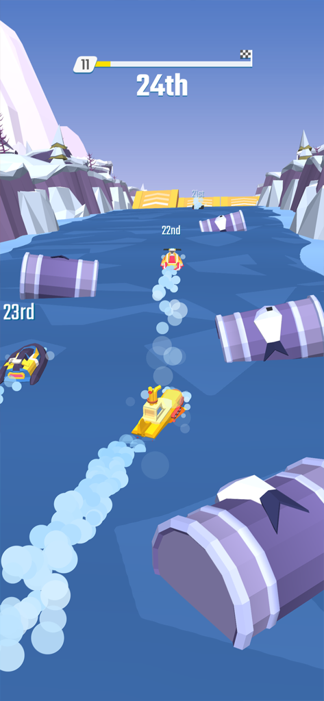 Mobile gameplay of Flippy Race showing a yellow boat racing on a river between icy cliffs