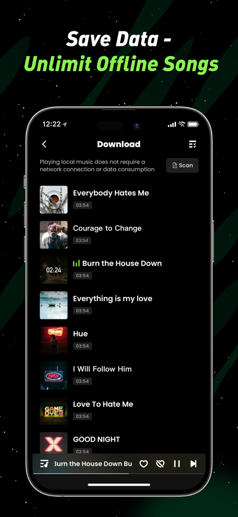 Interfaz de la aplicación Deeptone que muestra una lista de canciones descargadas para reproducción sin conexión y ahorro de datos.