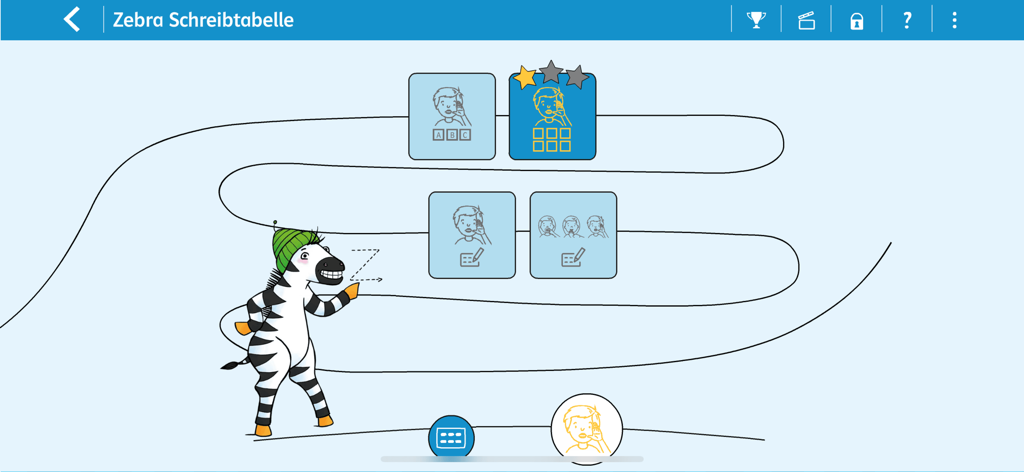 Uma tela interativa de caminho de aprendizado do aplicativo Zebra Schreibtabelle com uma mascote de zebra e vários marcos de tarefas com estrelas de progresso.