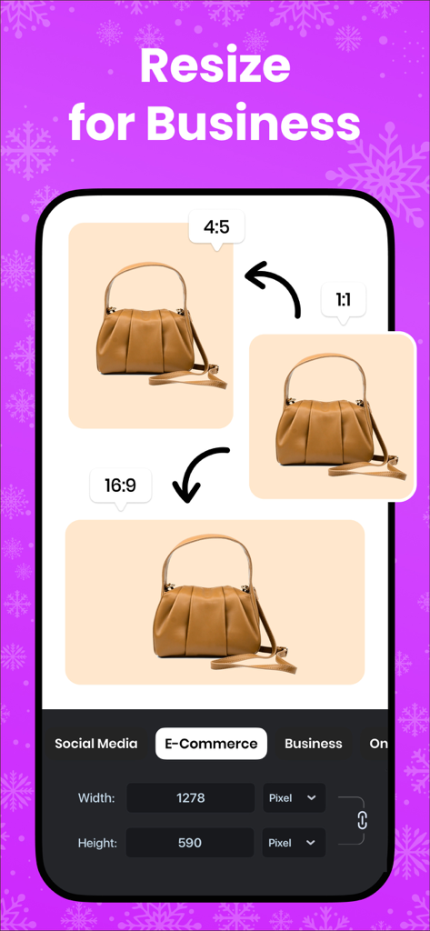 Edit Up 앱 인터페이스는 1:1 및 16:9와 같은 다양한 종횡비 옵션으로 전자상거래용으로 제품 사진 크기를 조정하는 것을 보여줍니다.